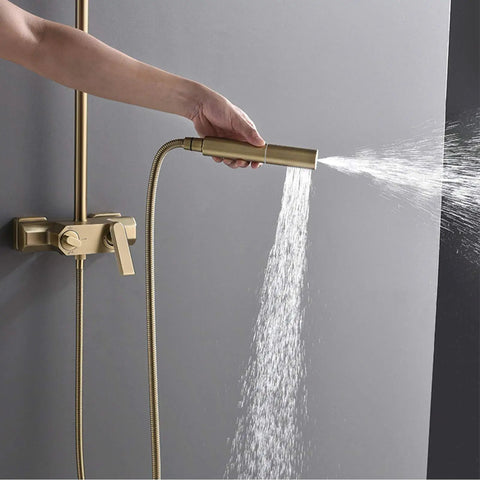 Hand holding handheld sprayer from UBNMIUBV Rainfall Shower System Gold, Luxury Brass Shower Faucet Set.