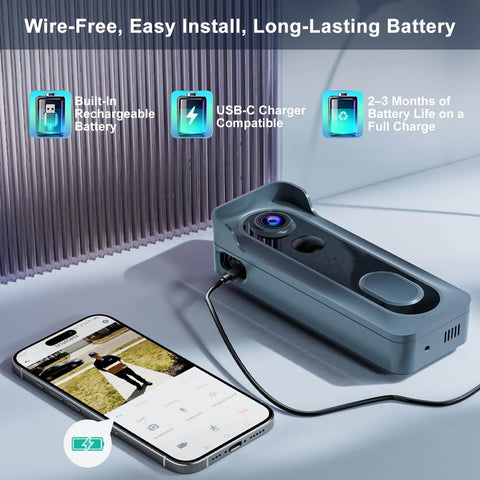 Doorbell Camera Wireless With Chime 2K HD Video AI Motion Detection Two Way Audio Night Vision Cloud Storage Battery Powered Compatible With Alexa 2.4G WiFi Easy Setup For Your Porch Security shown charging via USB-C with smartphone app.