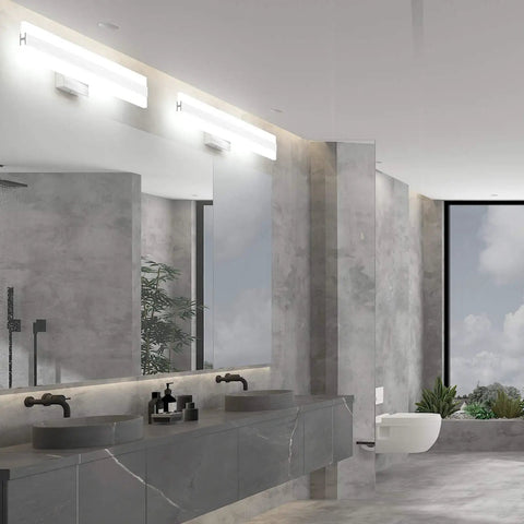 Bathroom with 24W Up And Down LED Vanity Light In Brushed Silver Aluminum, Sleek Modern Frosted White Acrylic Bath Wall Fixture, 23.6 Inch, 6000K Cool Daylight, Minimalist Design For Bright, Even Bathroom Illumination above mirror.