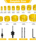 Multi Function Wood Drill Bit Set With Hole Saw Kit Three Quarters Inch To Six Inch showing complete sizes of yellow hole saw blades and components
