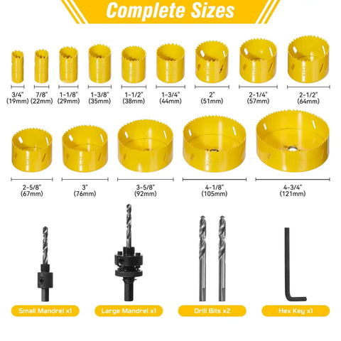 Multi Function Wood Drill Bit Set With Hole Saw Kit Three Quarters Inch To Six Inch showing complete sizes of yellow hole saw blades and components