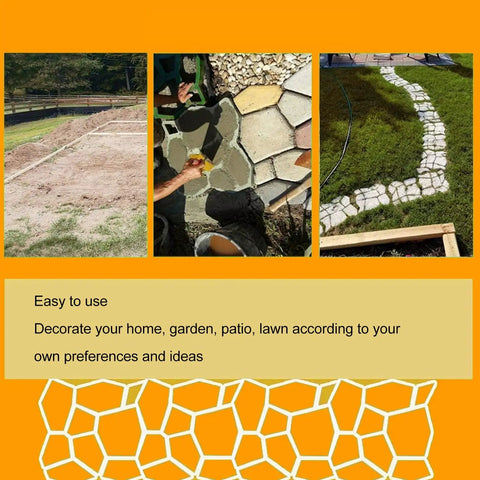 Concrete Path Maker Mold for Garden and Patio, reusable stepping stone paver shown in use on grass and dirt pathways.