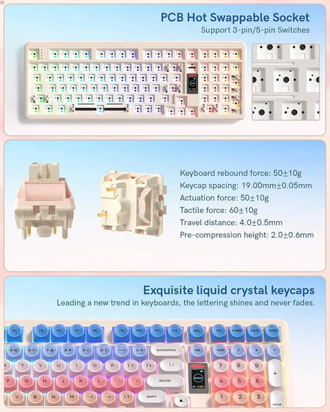Pink Creamy Ultimate Mechanical Keyboard With Integrated Display Screen Tri Mode Hot Swappable Switches Wireless 98 Layout Gaming Board For True Dope Rigs showing PCB Hot Swappable Socket and keycap details.