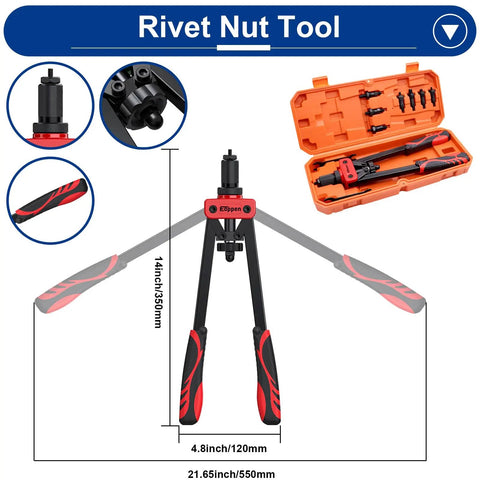 Beast 14 Inch Rivet Nut Tool Kit with 8 Mandrels and 500 Rivnuts displayed with heavy duty carrying case
