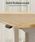 Premium Four Leg Height Adjustable Standing Desk With Natural Maple Surface And Rock Solid Anti Wobble Engineering For No Stress Home Office And Multi Monitor Setups close-up of rubberwood surface with angled design and adjustment controls