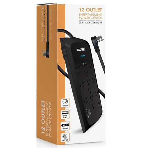 Packaging of Heavy Duty 12 Outlet Surge Protector Power Strip With 25 Foot Cord And 4200 Joules Of Surge Protection Two USB Ports Up To Four Amps Each Coax Phone Ethernet Protection Six Wide Spaced Outlets Flat Plug Design Black