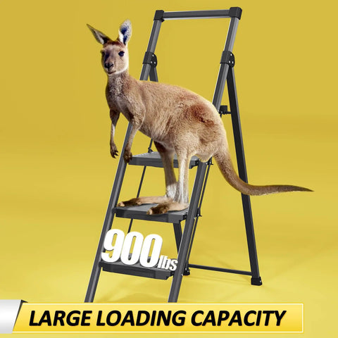4 Step Folding Ladder With 900 Lbs Capacity, Anti Slip Wide Pedals And Handrails, kangaroo demonstrating strength