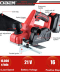 Cordless Electric Hand Planer 21V 16,000 RPM With 3-1/4 Inch Planing Width, Li-ion Battery And Charger, ergonomic handle