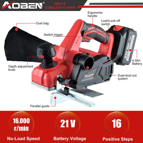 Cordless Electric Hand Planer 21V 16,000 RPM With 3-1/4 Inch Planing Width, Li-ion Battery And Charger, ergonomic handle