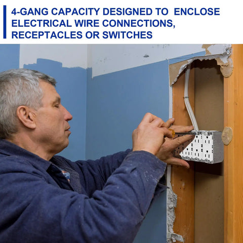 Electrician installing Four Gang Metal Electrical Box Two And One Eighth Inch Deep Square Junction Box on wall