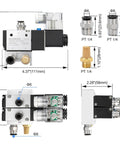 All-In-One Two-Station Solenoid Valve Manifold For Pneumatic Systems, 110V AC, model 3V210-08, dimensions and components displayed