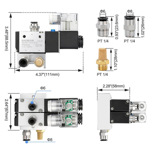 All-In-One Two-Station Solenoid Valve Manifold For Pneumatic Systems, 110V AC, model 3V210-08, dimensions and components displayed