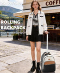 Woman with Women Lightweight Rolling Backpack With Wheels For Travel And Work Water Resistant Underseat Carry On Luggage Rolling Laptop Bag in beige brown, outdoor setting