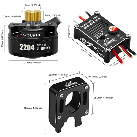 2204 2400KV Brushless Outrunner Motor With Transmission And 30A ESC Upgrade for SCX24 Crawler showing motor and ESC dimensions.