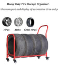 Heavy Duty Tire Storage Rack Featuring Four Smooth Swivel Casters Built To Grip Car Or Bike Tires Securely While Keeping Your Garage Setup Mess Free And Totally Slick, displaying multiple tires on a red steel frame.
