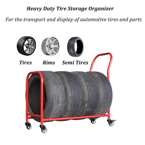 Heavy Duty Tire Storage Rack Featuring Four Smooth Swivel Casters Built To Grip Car Or Bike Tires Securely While Keeping Your Garage Setup Mess Free And Totally Slick, displaying multiple tires on a red steel frame.