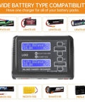 Two Channel RC Battery Charger And Discharger Up To 240W 10A For 1-6S LiPo LiHV LiIon Life 1-15S NiCd NiMH Packs shown with battery types