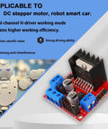 Red L298N Dual H Bridge DC Motor Driver Module for Arduino projects shown with robot application