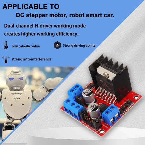 Red L298N Dual H Bridge DC Motor Driver Module for Arduino projects shown with robot application
