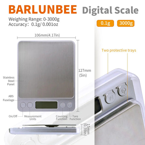 Pro Grade 3000g Kitchen Scale With 0.1g Precision Digital Food Scale With stainless steel platform and protective trays.