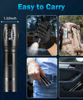 Beefy Six Pack LED Flashlights With High Lumens, 5 Mode Tactical Beam for Home and Outdoors shown in hand and pocket
