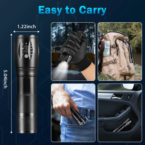 Beefy Six Pack LED Flashlights With High Lumens, 5 Mode Tactical Beam for Home and Outdoors shown in hand and pocket