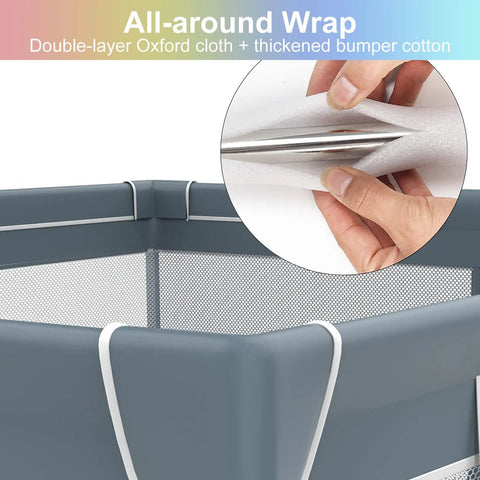 Close-up of the Monster Sized 71 By 59 Inch Baby Playpen, showing thick cloth construction and breathable mesh with sturdy frame.