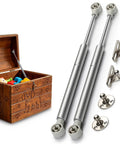 Soft Close Toy Box Hinges 200N Hydraulic For Wooden Chest Two Pack next to wooden toy box with dog engravings and toys inside