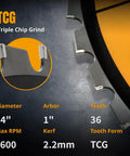 Close-up of Multi Material 14 Inch Cold Saw Blade With 1 Inch Arbor, 36 Tooth TCG Cemented Carbide Teeth For Aluminum Steel Iron Plastic And Wood, 1600 Max RPM For Tough Worksite Cuts Every Time with specifications.