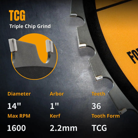 Close-up of Multi Material 14 Inch Cold Saw Blade With 1 Inch Arbor, 36 Tooth TCG Cemented Carbide Teeth For Aluminum Steel Iron Plastic And Wood, 1600 Max RPM For Tough Worksite Cuts Every Time with specifications.