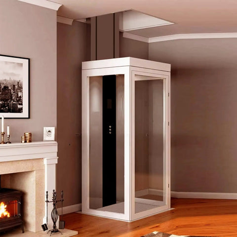 Through Ceiling Compact Home Elevator Shaftless Design For Space Saving Living With Zero Wall Damage Heritage Approved, Customizable Configurations For Homes Farms And Land Projects, Easy Install And Quiet Deck Lift For Modern Homes, glass shaft lift in living room