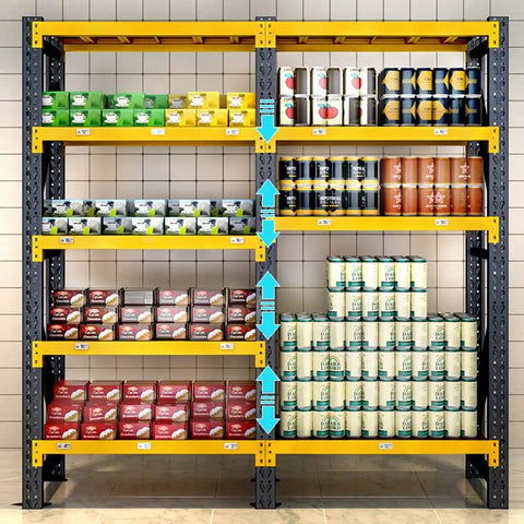 Rock Solid 4 Tier Storage Rack Heavy Duty Black Steel Welded Shelves Handles 400 Pounds Per Level Height Adjustable Boltless Construction with organized cans and boxes.