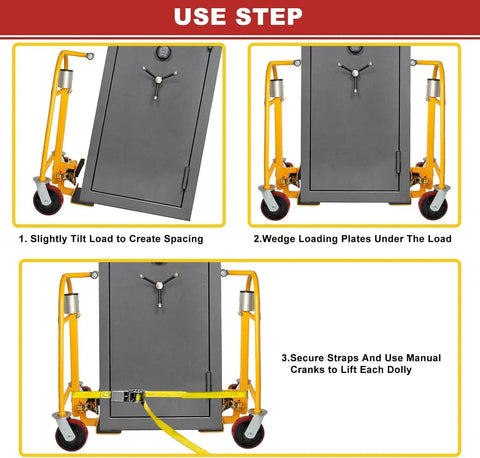Heavy Duty Manual Furniture Mover Tool Set And Rugged Moving Dollies showing three use steps for loading and lifting heavy items.