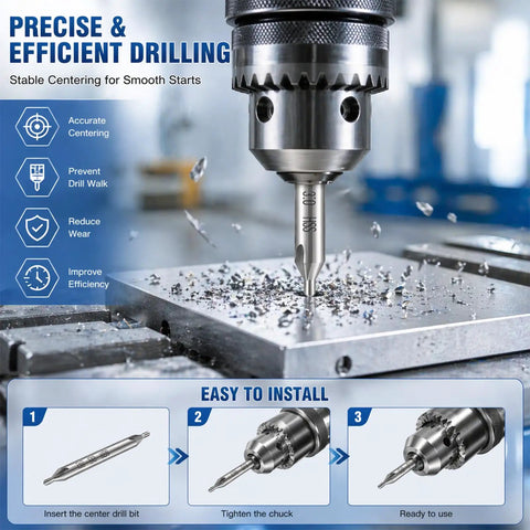 Center Drill Bit Set 7 Piece M2 High Speed Steel 60 Degree Angle Bits for Lathe and Metalworking in action on a metal surface
