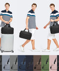 Man with Underseat Carry On Duffle Bag 20L for plane travel, gym, and weekend getaway, compact size in black, easy access