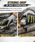 Knit Cut Resistant Work Gloves With Nitrile Coating And HPPE For A4 ANSI Cut Protection, TPR Back Of Hand Guards, in use on oily and dry surfaces