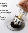 Demonstration of Pop Up Bathroom Sink Drain Stopper With Overflow Detachable Hair Catcher All Metal Rustproof 304 Stainless Steel