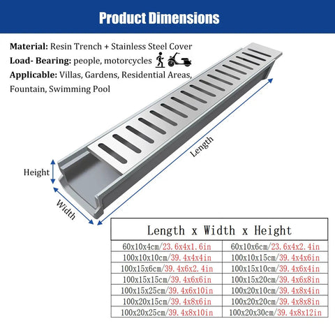 Beefy U Shaped Drainage Channel With Stainless Steel Grate For Outdoor Rainwater Gutter System Driveway Drain Kit 100x15x25cm product dimensions