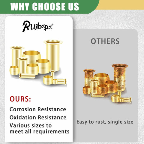 Ruibapa brass compression sleeves and ferrules assortment kit, gold finish, 6 sizes (1/8–1/2 in), front view