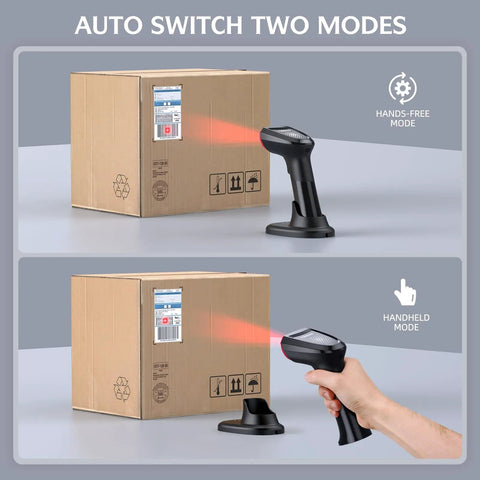 2D Bluetooth Barcode Scanner with USB Cradle and Auto Switching Modes for hands-free and handheld scanning on boxes