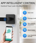 Smart Biometric Fingerprint Door Lock With App And Passcode, Five Unlocking Methods Including Fingerprint, Code, App Control, IC Cards, And Physical Keys, Keyless Entry Door Knob With Handle For Home Office Hotel Apartment, shown with app control options.