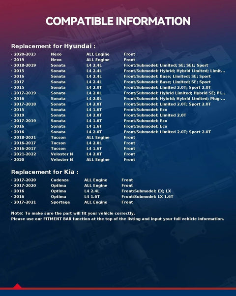 Compatibility information for Hyundai and Kia replacement parts, listing models like Sonata, Tucson, Sportage, Optima, and Nexo.