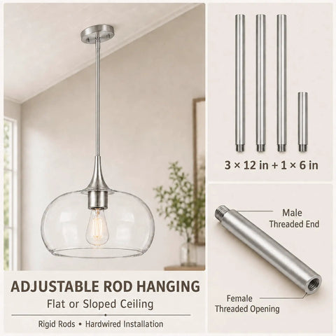 HXXLFONEDP Glass Pendant Light for Kitchen Island, 10 Inch, Brushed Nickel with adjustable rods for flat or sloped ceiling.