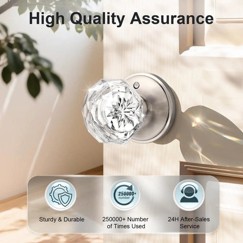Privacy Glass Door Knob For Bedroom And Bathroom With Lock In Dope Satin Nickel Finish, Diamond Clear Crystal Knob On Victorian Plate Rosette