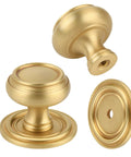Brushed Gold Solid Brass Cabinet Knobs 5 Pack 1.18 Inch Diameter Drawer Pulls For Kitchen Cabinets And Wardrobes, front and side view