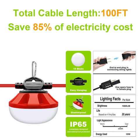 Boss Grade LED Construction String Lights 100W 10000 Lumens 100Ft Length Heavy Duty with climbing hook and electrical features