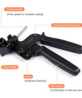 No-Sweat Stainless Steel Cable Tie Gun, Slick Plier Action Zip Tie Tool with cutter holder and TPR handle for wire bundling.