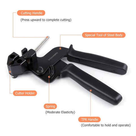 No-Sweat Stainless Steel Cable Tie Gun, Slick Plier Action Zip Tie Tool with cutter holder and TPR handle for wire bundling.