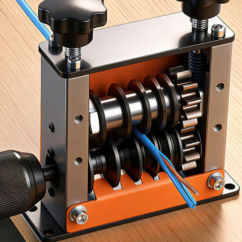 Close-up of Garosa 6 Channel Wire Stripper Machine For 3 To 17Mm Wires with alloy steel blades and wire being stripped.