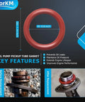 Oil pump pickup tube gasket for replacement in vehicles, showing key features and dimensions, with before and after installation images.